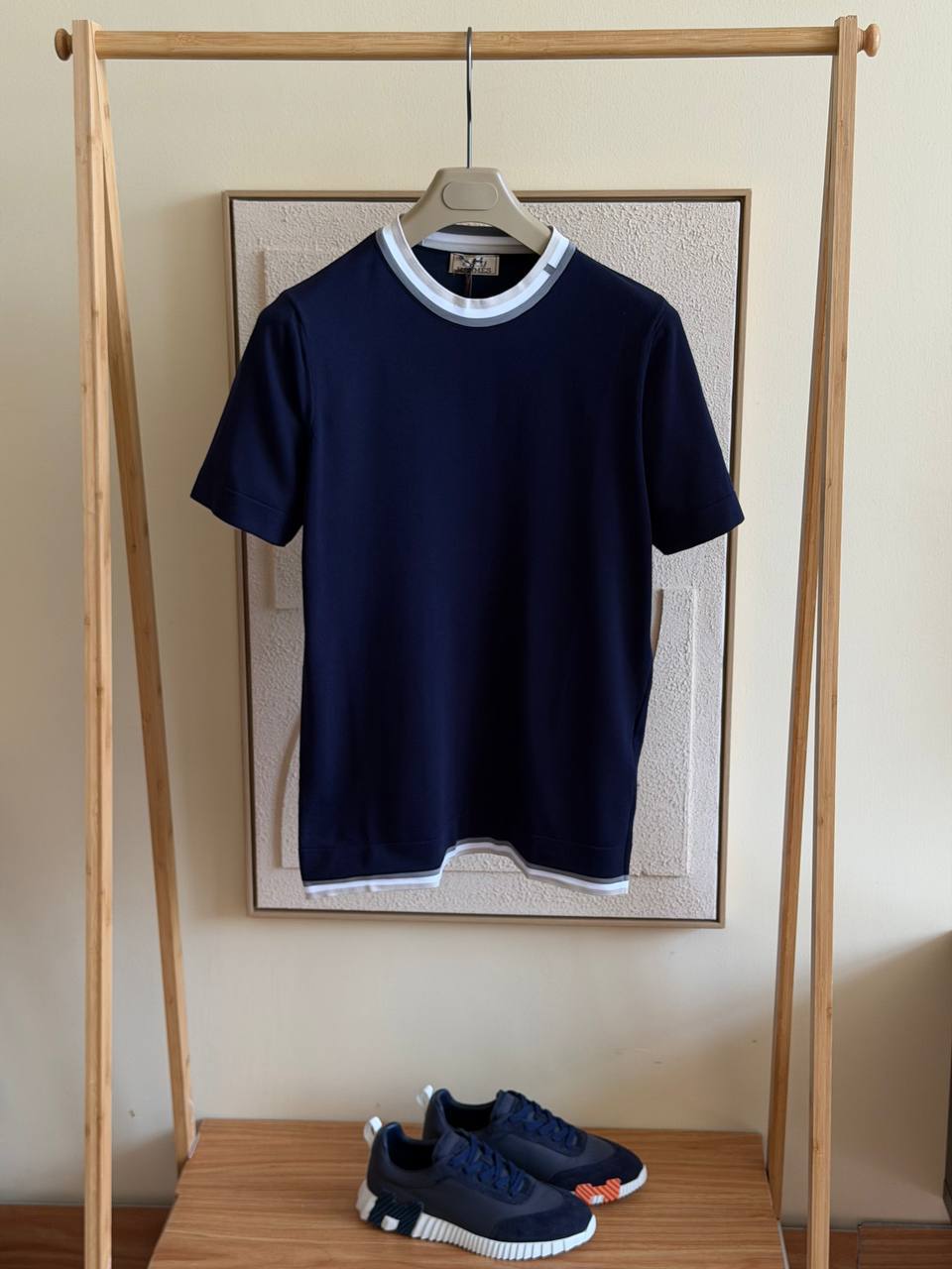 Hermès Striped Trim Knit T-Shirt — Navy
