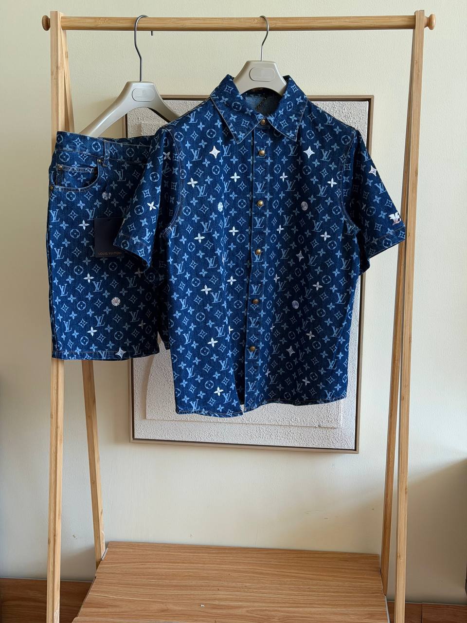 Louis Vuitton Pearl Monogram Denim Shirt & Shorts Set