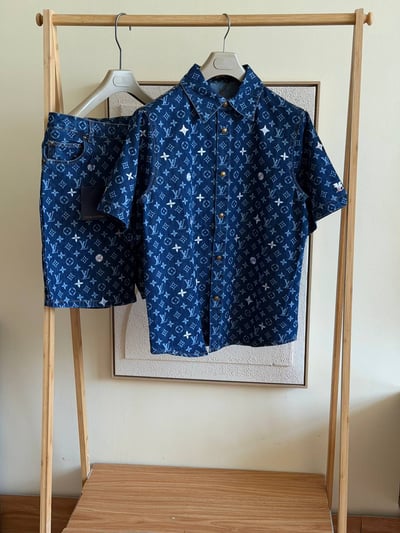 Louis Vuitton Pearl Monogram Denim Shirt & Shorts Set