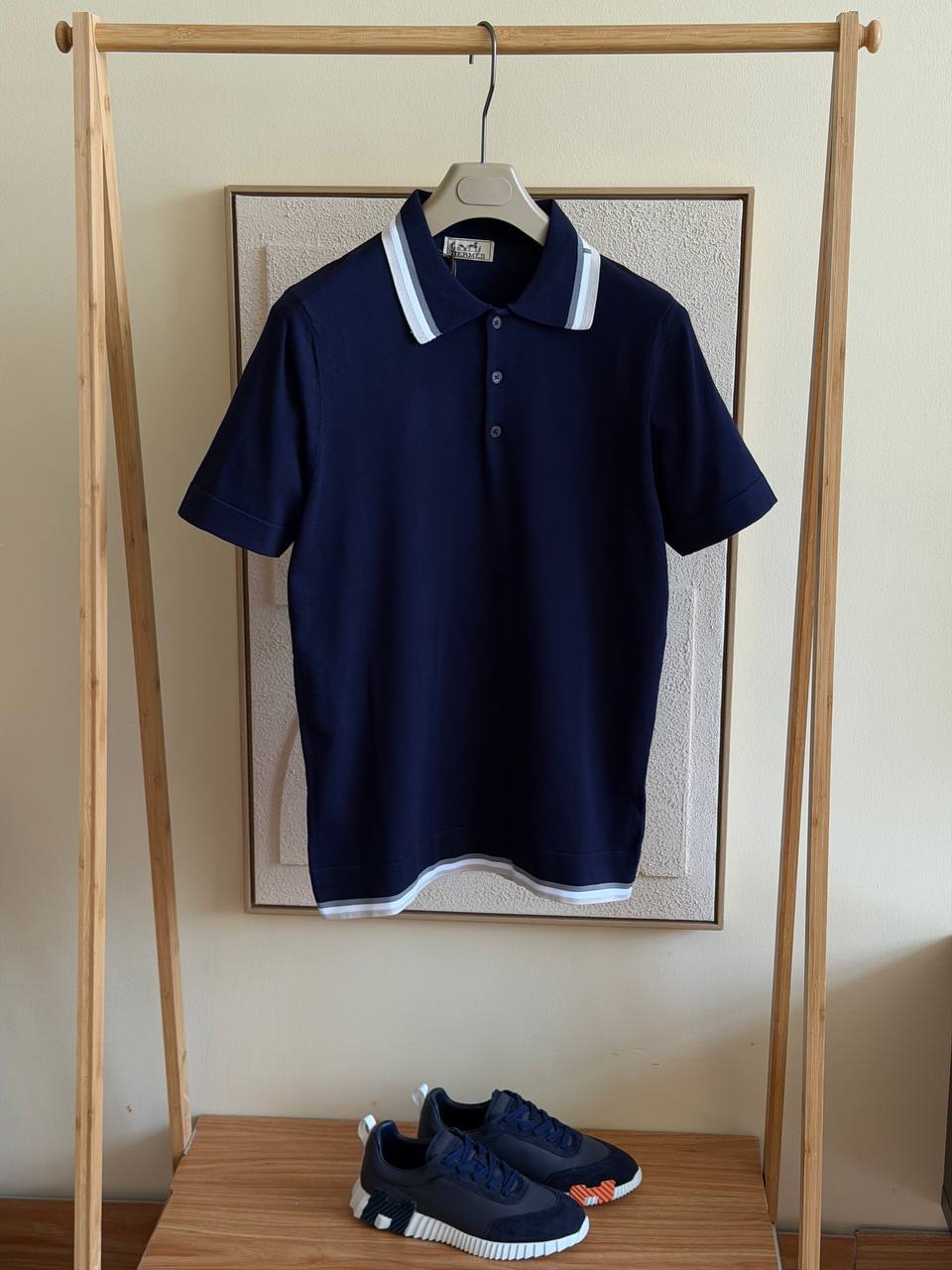 Hermès Striped Collar Knit Polo — Navy