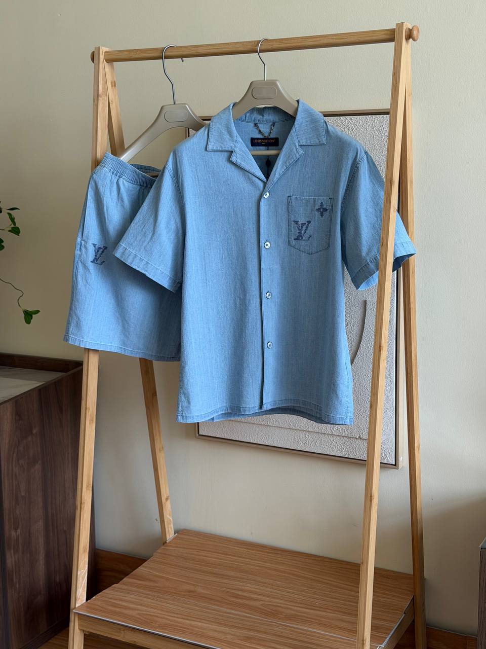 Louis Vuitton Embroidered Signature Chambray Shirt & Shorts Set