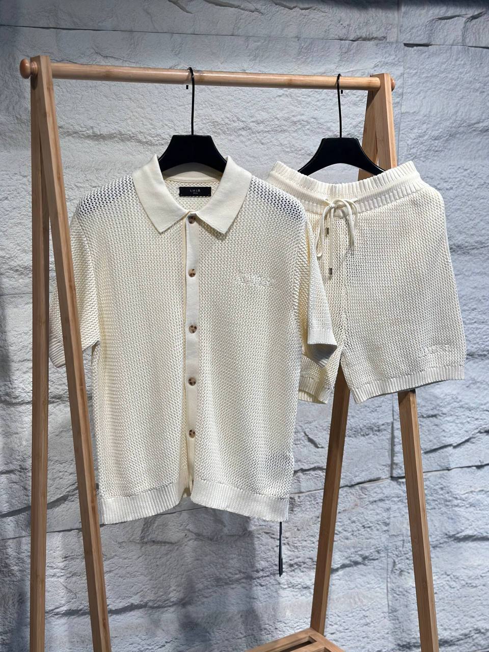 Amiri Cream Crochet Knit Polo & Shorts Set