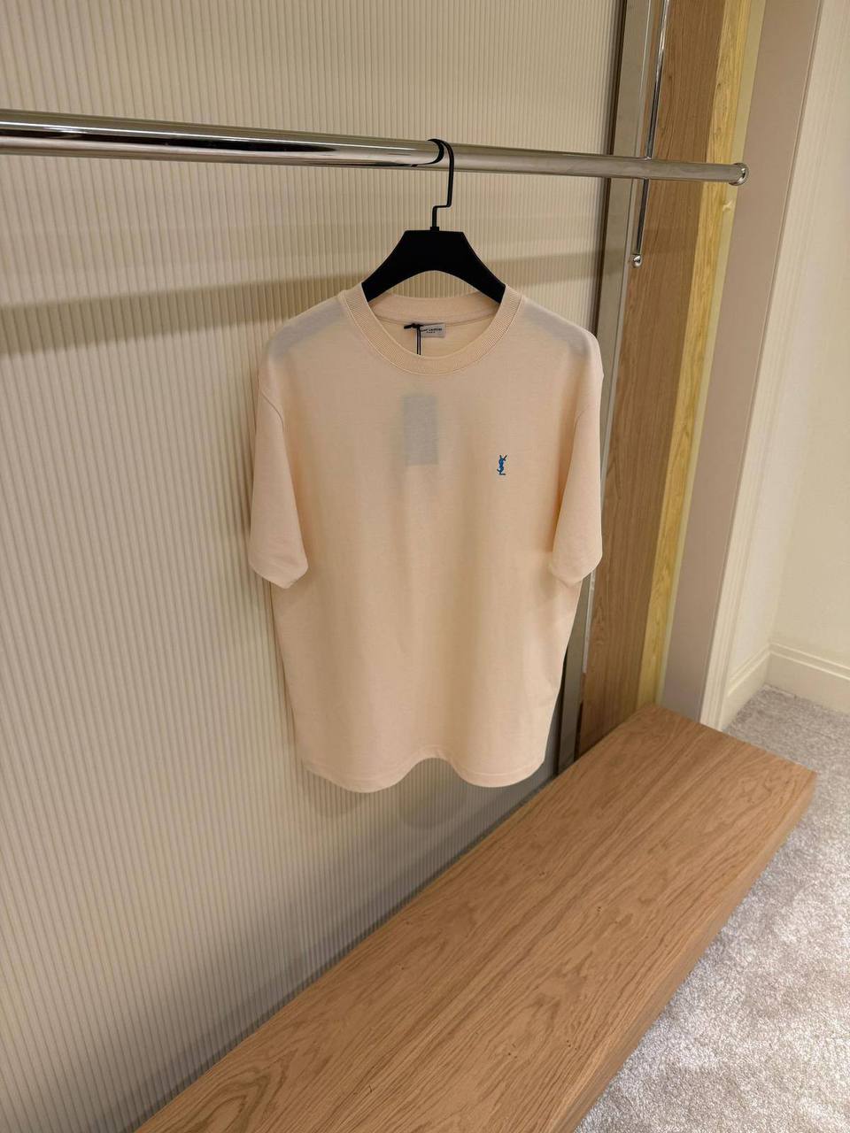 Saint Laurent Classic Embroidered Logo T-Shirt — Beige