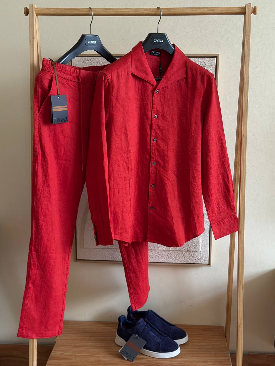 Zegna Red Linen Shirt & Pants Set