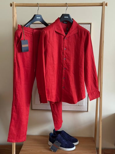 Zegna Red Linen Shirt & Pants Set