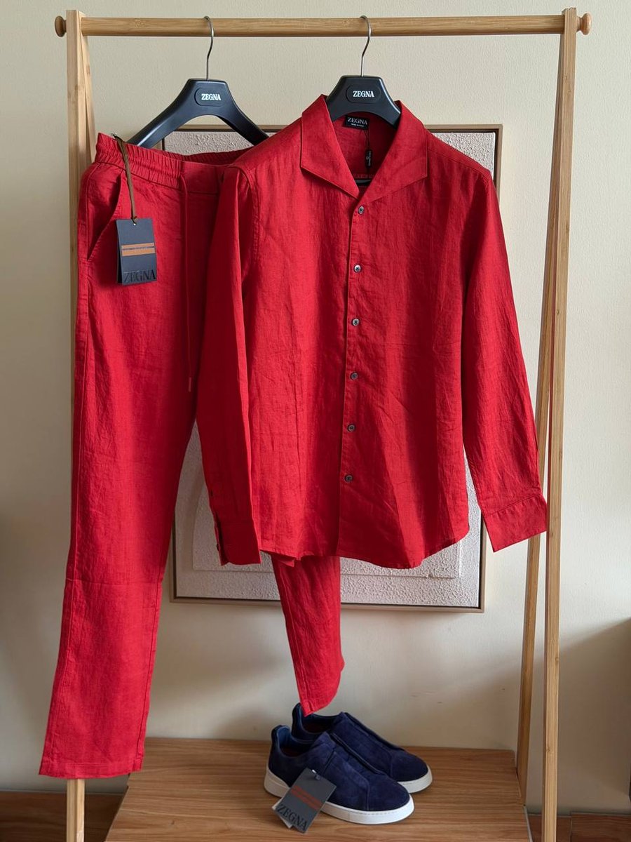 Zegna Red Linen Shirt & Pants Set