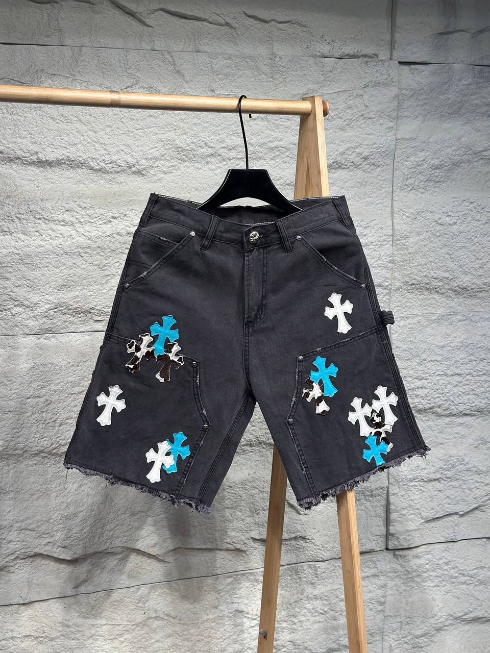 Chrome Hearts Cross Patch Denim Shorts — Blue & White