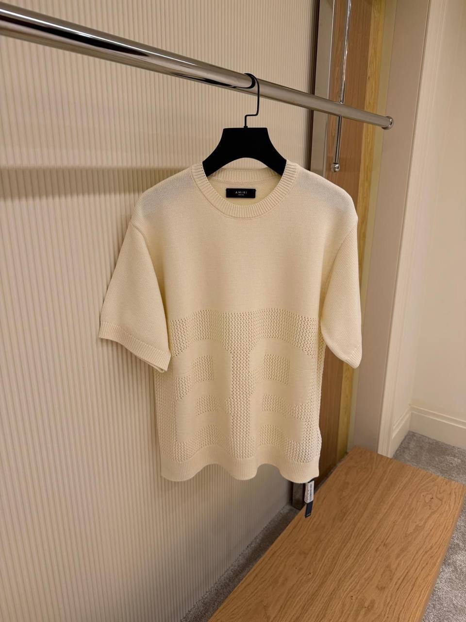 Amiri Logo Pointelle Knit T-Shirt – Cream
