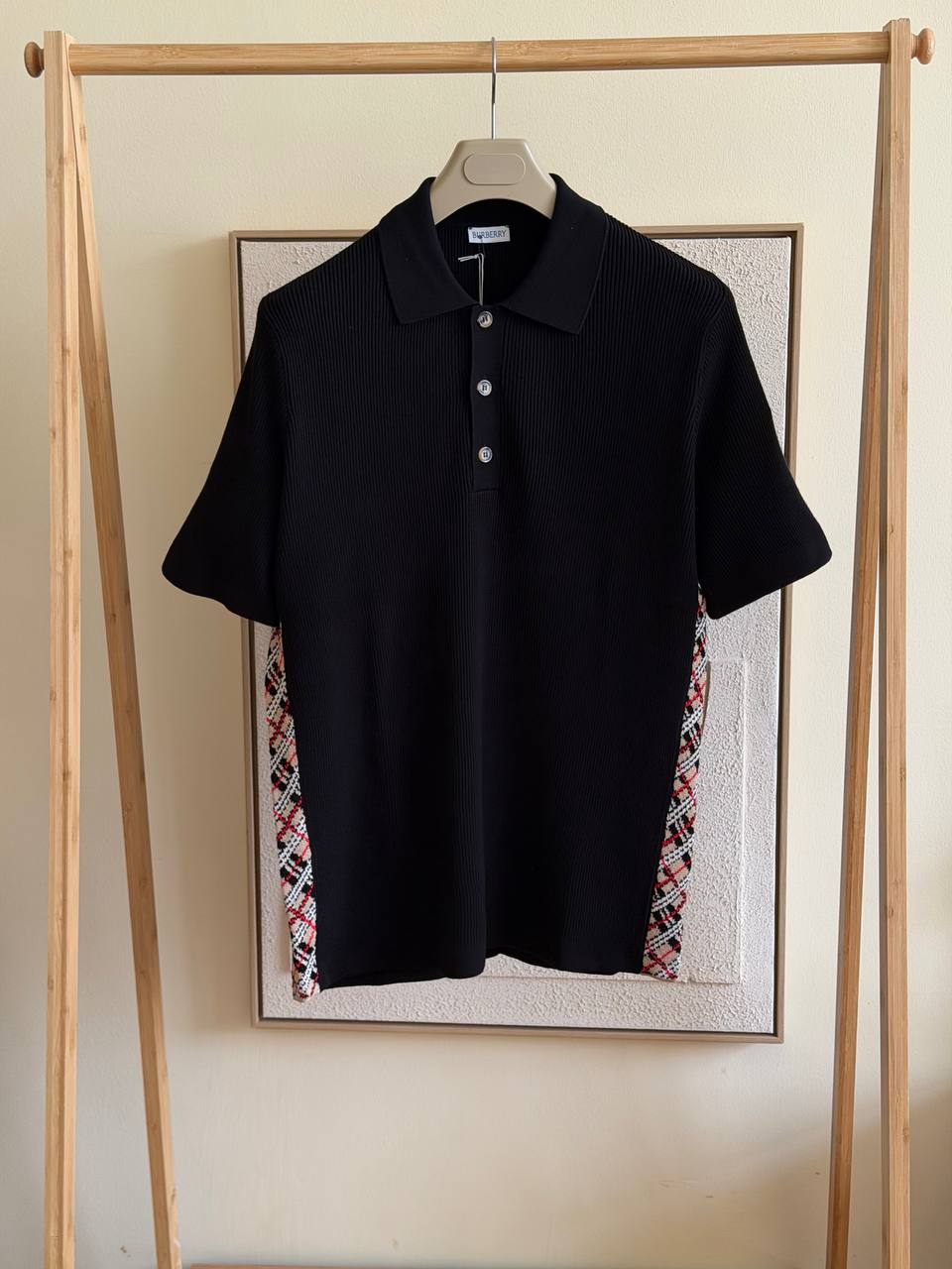 Burberry Check Panel Ribbed Knit Polo